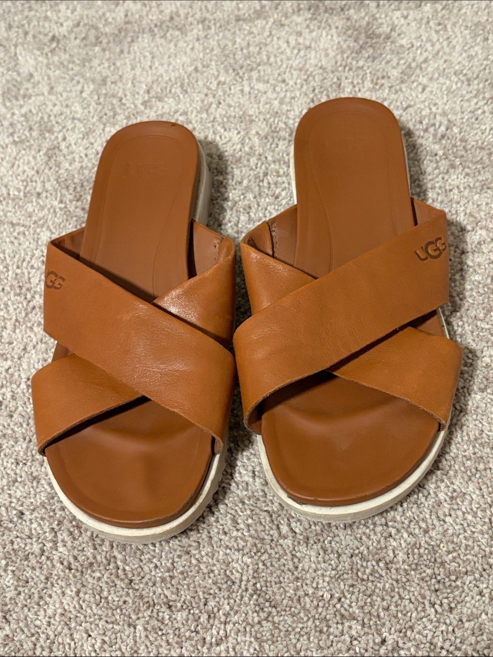 UGG Emily Cognac Leather Criss Cross Slide Sandals Size 7